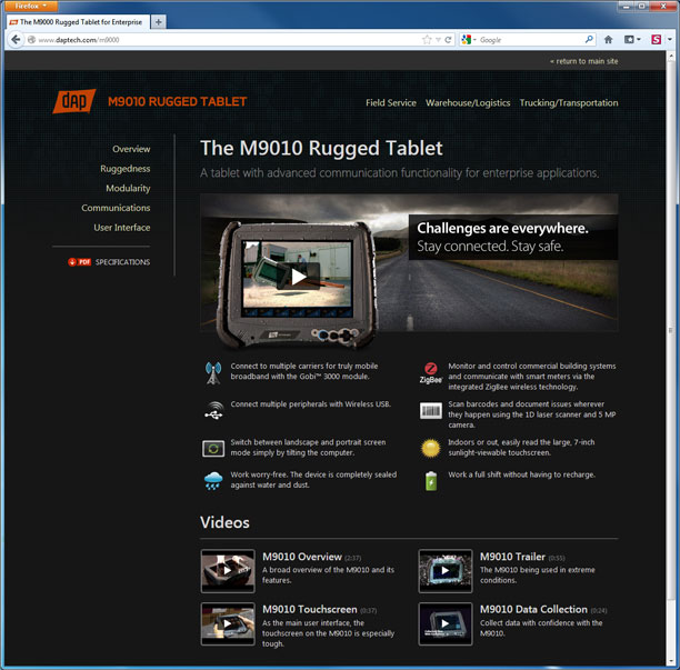 M9010 rugged tablet microsite screenshot